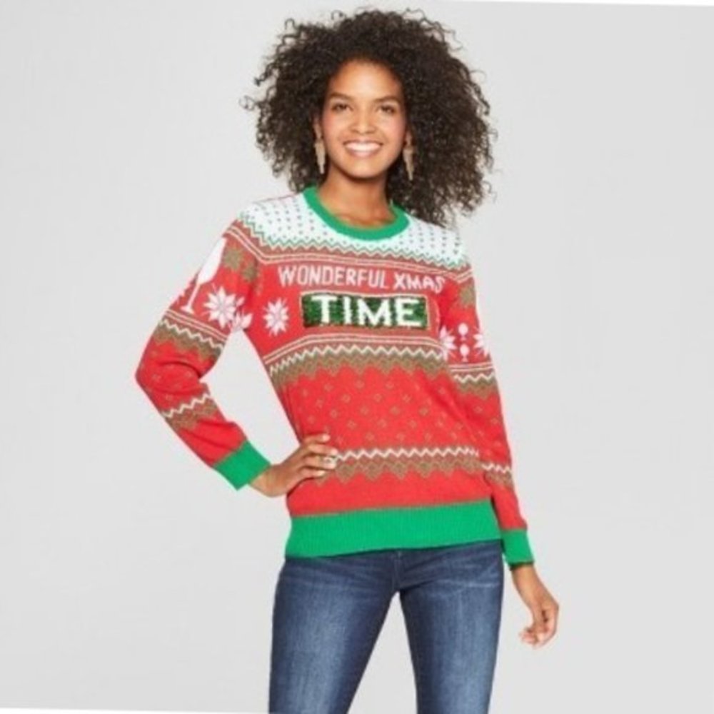 Womens Wonderful Christmas Time/Wine Reversible Ugly Sweater